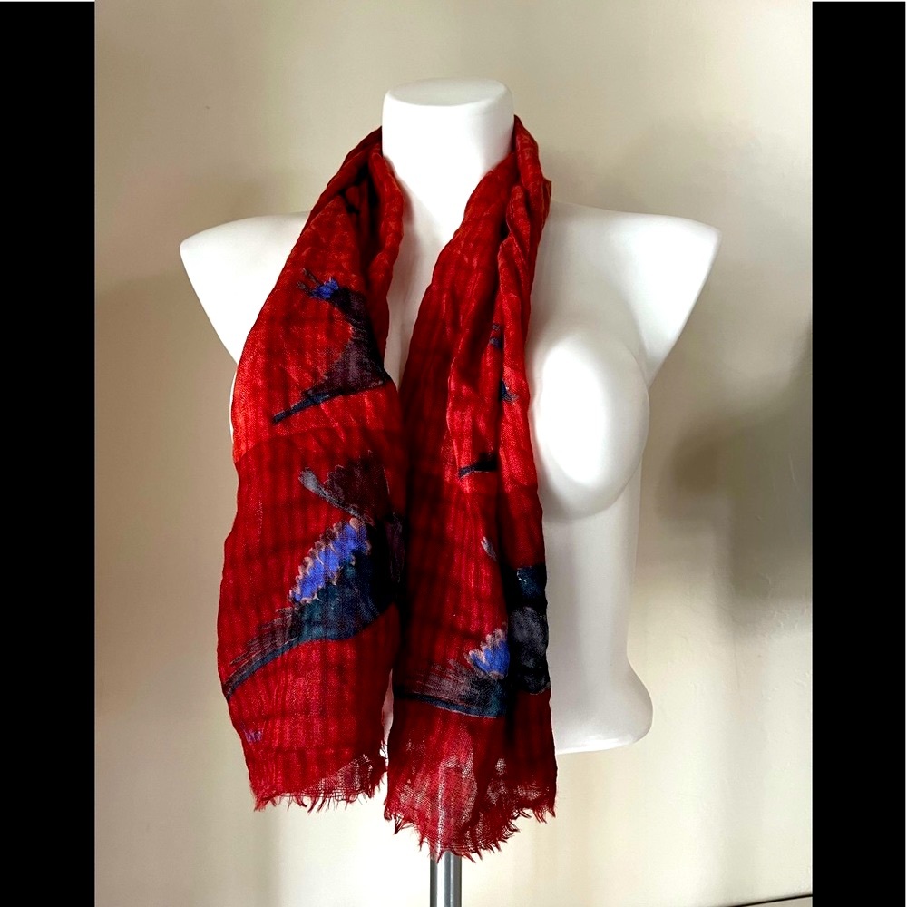 Vera Vintage wool scarf  Bird themed gorgeous finely woven in Japan wine & blue